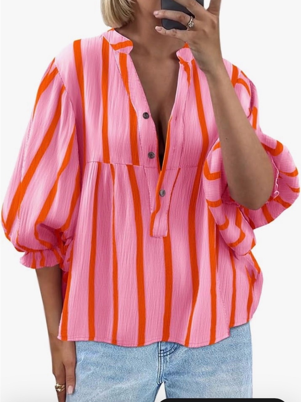 Pink and Orange Striped Button-Front Tunic Top